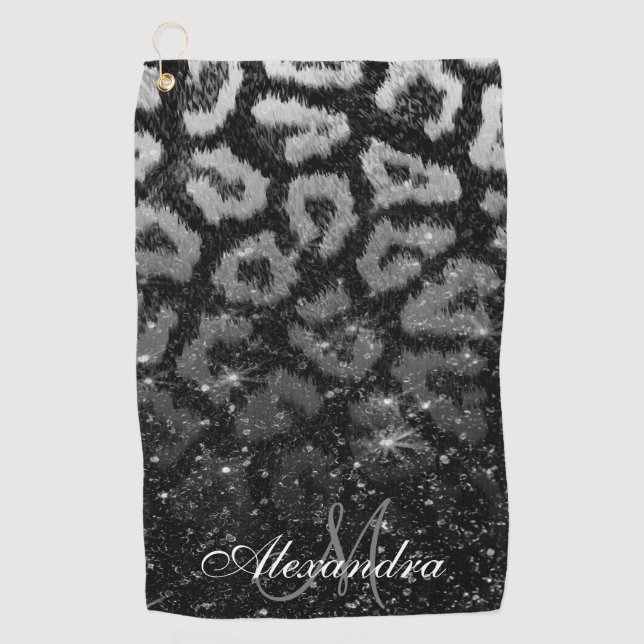 Serviette De Golf Parties scintillant noire et Empreinte de léopard (Devant)