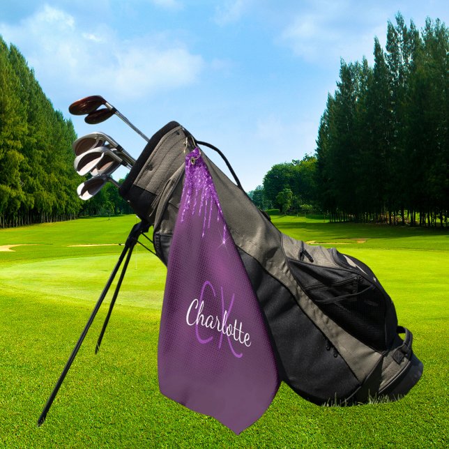 Serviette De Golf Parties scintillant violet gouttes monogramme nom  (Créateur téléchargé)