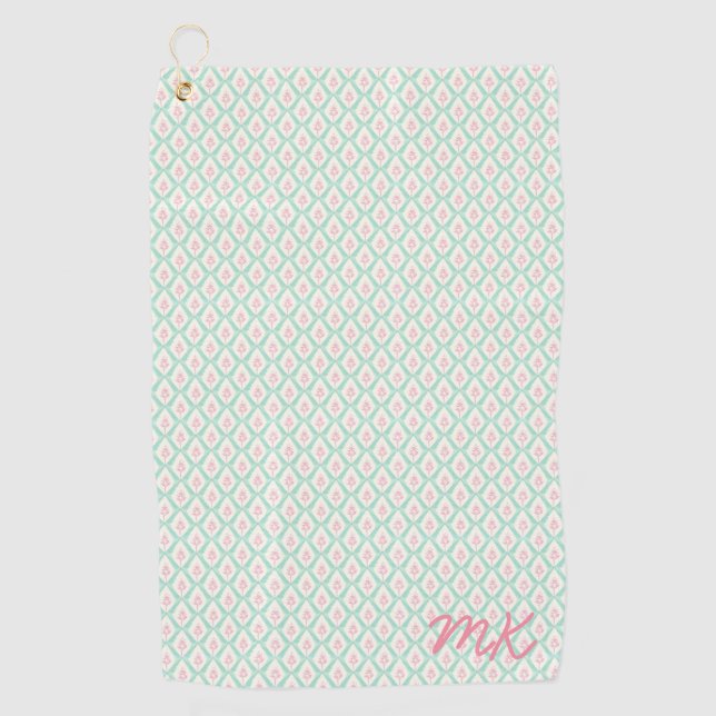 Serviette De Golf Pastel Girly Vert & Motif Rose Avec Initiales (Devant)