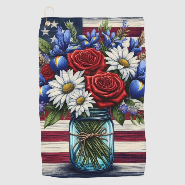 Serviette De Golf Patriotique, floral en détresse (Devant)
