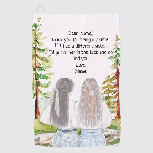 Serviette De Golf Paysage aquarelle avec 2 filles message personnali (Devant)