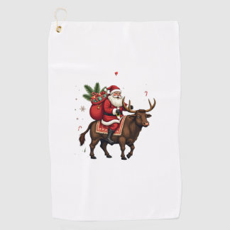 Serviette De Golf Père Noël vintage chevauchant une vache des Highla