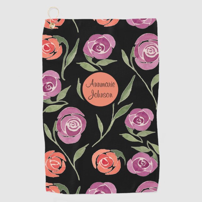 Serviette De Golf Personalisée Purple et Peach Floral Ladies (Devant)