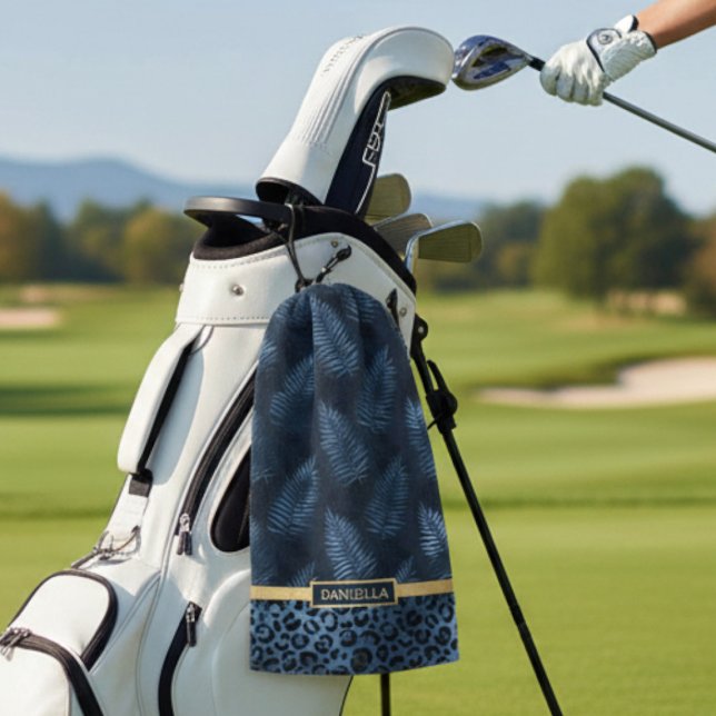 Serviette De Golf Personalized Blue Leopard Print Tropical Floral (Créateur téléchargé)