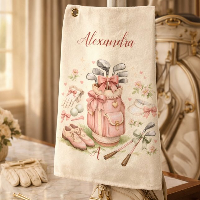 Serviette De Golf Personalized Pink Coquette Golf Monogram (Créateur téléchargé)