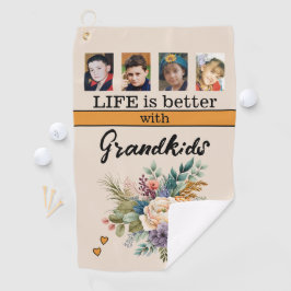 Serviette De Golf Personnalisé 4 petits-enfants photo orangé fleuri