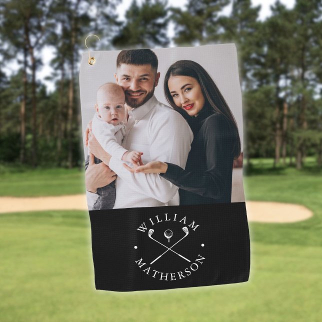 Serviette De Golf Photo Personnalisée Clubs Et Balle Noir Et Blanc (Custom Photo Name Clubs And Ball Black And White Golf Towel)