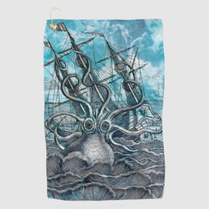 Serviette De Golf Pieuvre géante Mer Bleue Monstre Voilier