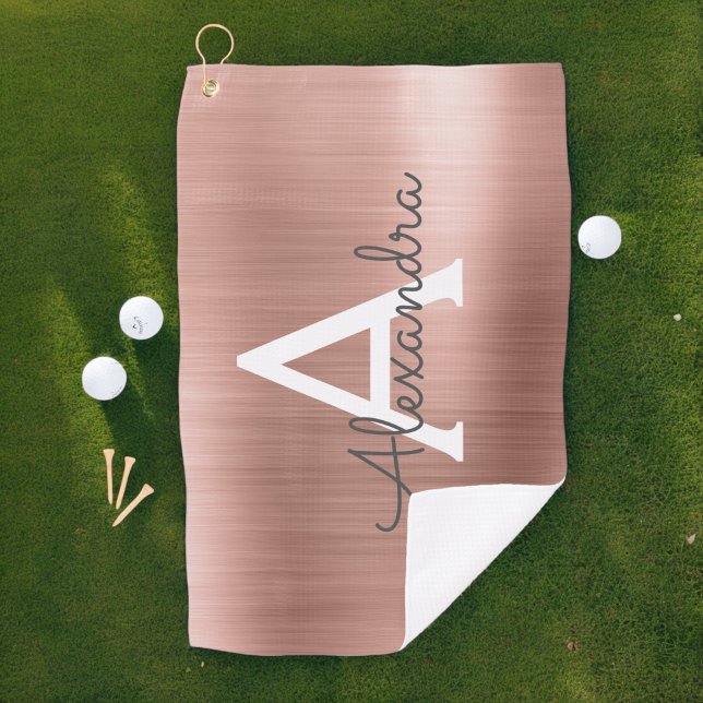 Serviette De Golf Pink Rose Gold Métallurgique Foil Nom du monogramm (Créateur téléchargé)