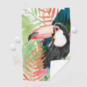 Serviette De Golf Portrait toucan avec Feuilles tropicaux