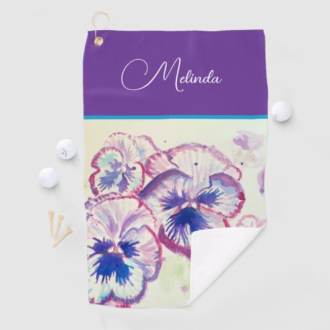 Serviette De Golf Pretty Floral Pastel Pansy Purple Watercolor  (En situation)
