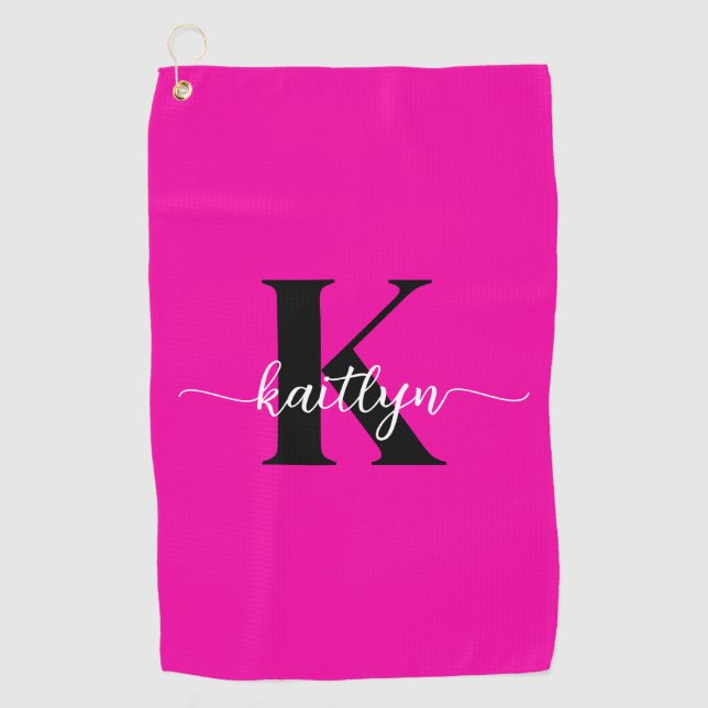 Serviette De Golf Rose Chaude Monogramme Noir (Devant)