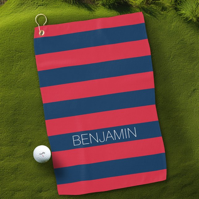 Serviette De Golf Rugby bleu marine et rouge avec nom personnalisé (Personalized Golf Towel with name)