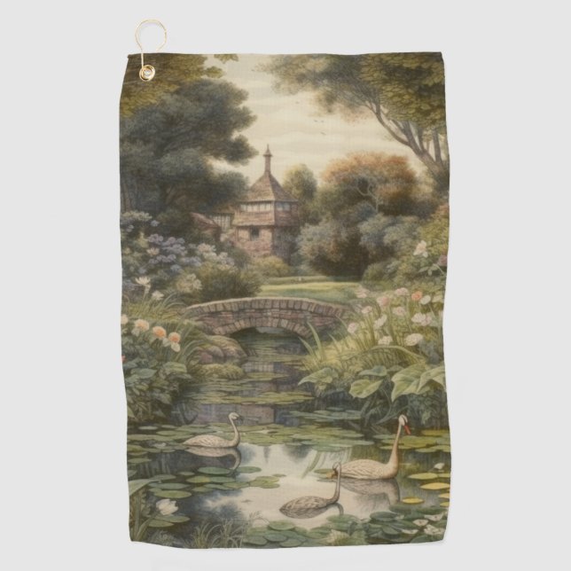 Serviette De Golf Scène botanique de cygnes dans un jardin anglais (Devant)
