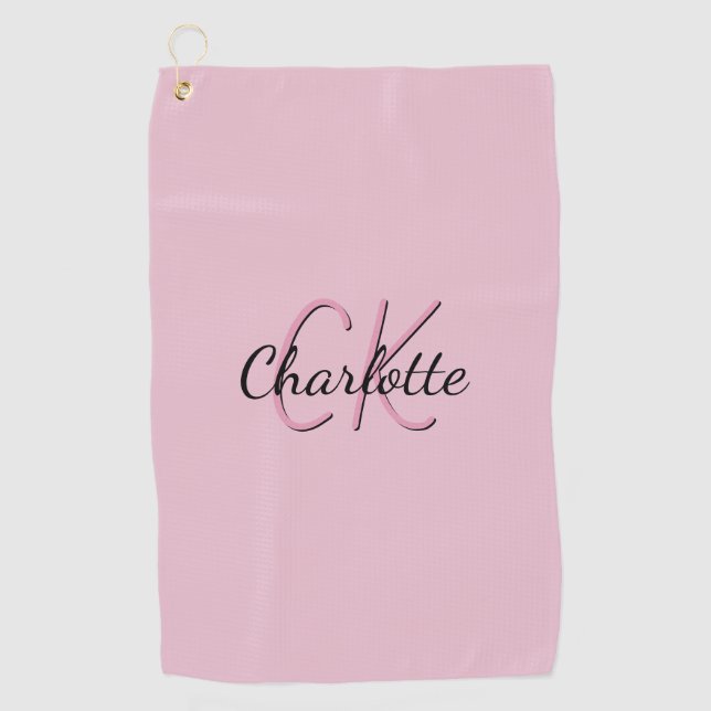 Serviette De Golf Script de nom de monogramme rose (Devant)