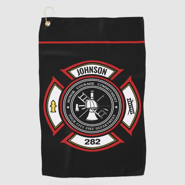 Serviette De Golf Service d'incendie AJOUTER LE NOM Pompier Insigne  (Devant)