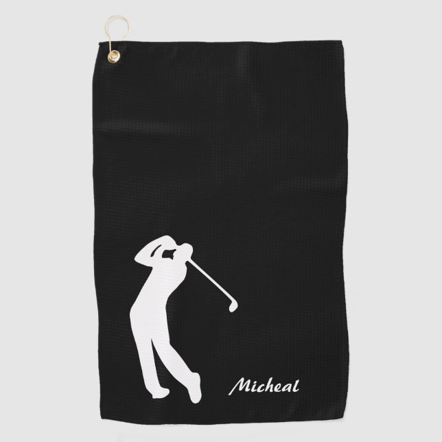 Serviette De Golf Silhouette de Golfeur Monogramme noir blanc (Devant)