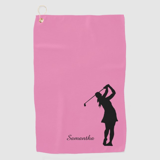 Serviette De Golf Silhouette de Lady Golfer Monogramme rose noir (Devant)