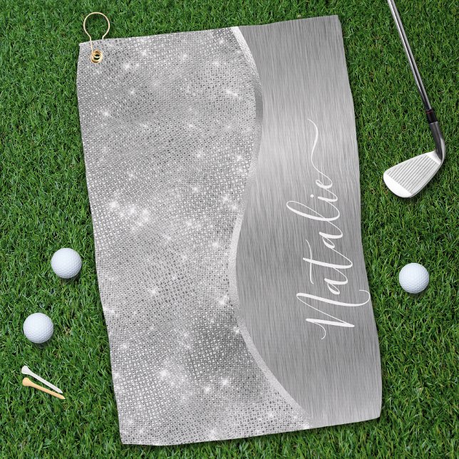 Serviette De Golf Silver Glitter Glam Bling Personalized (Créateur téléchargé)
