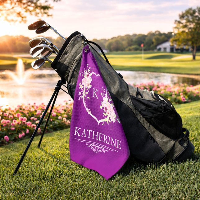 Serviette De Golf Soft Pink Feminine Botanical Crest Purple Monogram (pink floral purple crest golf towel)