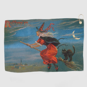 Serviette De Golf Sorcière volant avec chat noir la nuit d'Halloween