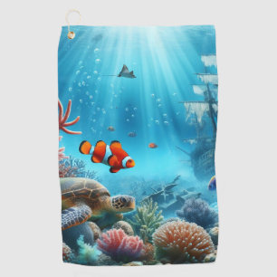 Serviette De Golf Sous la mer, tortue, corail, bateau, poisson clown