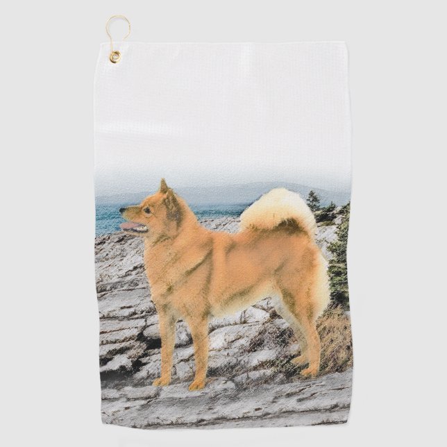 Serviette De Golf Spitz finlandais à Seashore Peinture - Chien Art (Devant)