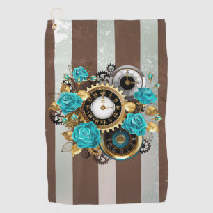 Serviette De Golf Steampunk Clock and Turquoise Roses on Striped