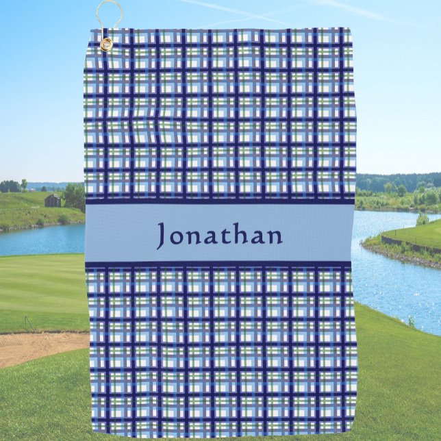 Serviette De Golf Stylish Blue Plaid Personalized Name  (Créateur téléchargé)