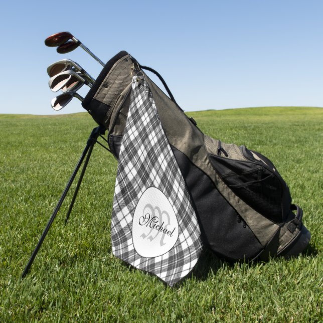 Serviette De Golf Tartan motif Noël noir blanc Monogramme (Vert)