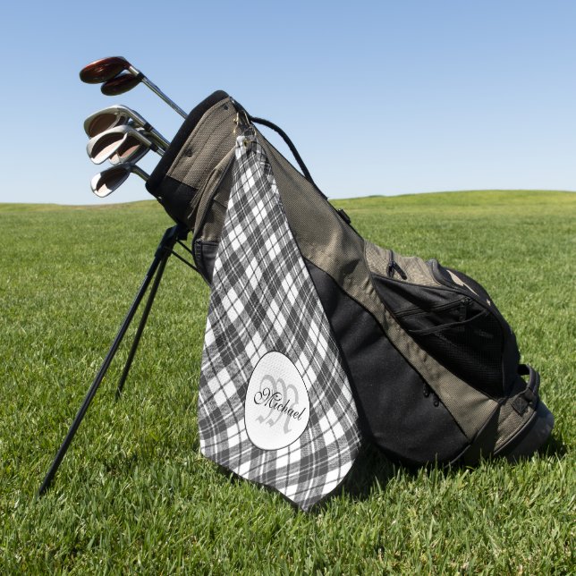 Serviette De Golf Tartan motif Noël noir blanc Monogramme (Vert)