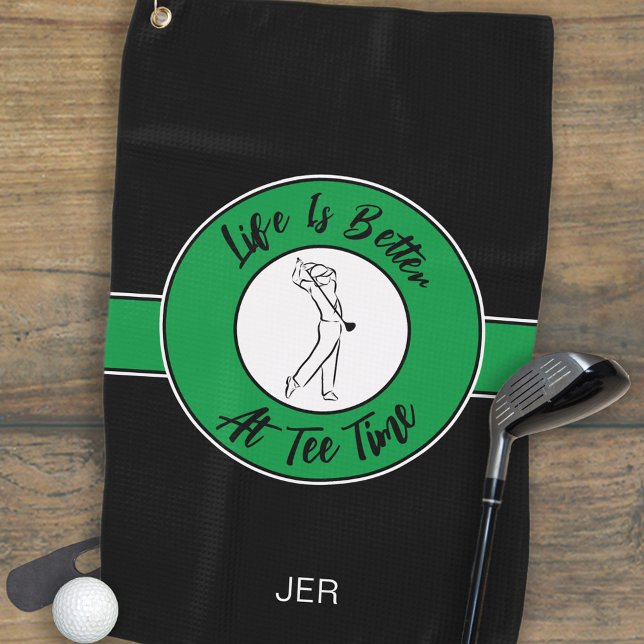 Serviette De Golf Tee Time Golfer Humour Sports Monogramme noir vert (Tee Time Golfer Humor Sports Monogram Black Green Golf Towel)