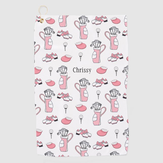 Serviette De Golf Thème de golf rose et blanc personnalisé Dames (Devant)