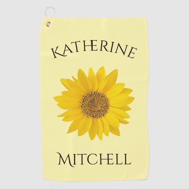 Serviette De Golf Tournesol Jaune Nom Personnalisé (Devant)