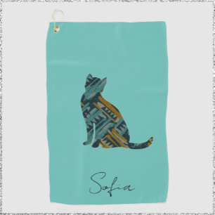 Serviette De Golf Turquoise moderne Blue et Gold Cat