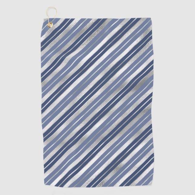 Serviette De Golf Vacances Bleu et Argent Foil Stripes de Noël (Devant)