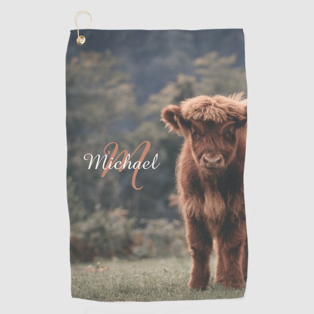 Serviette De Golf Vache de Highland calvaire herbe d'automne monogra (Devant)
