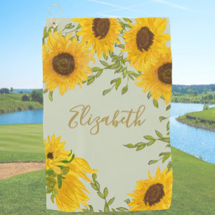 Serviette De Golf Vert sauge jaune tournesol floral nom personnalisé