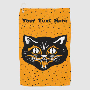 Serviette De Golf Vintage Halloween Chat Noir Étoiles Face Orange