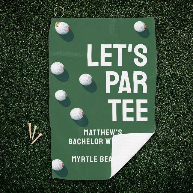 Serviette De Golf Voyage de golf personnalisé pour enterrement de vi (Green Golf towel with Large typography reading LET'S PAR TEE and custom text for your bachelor party)