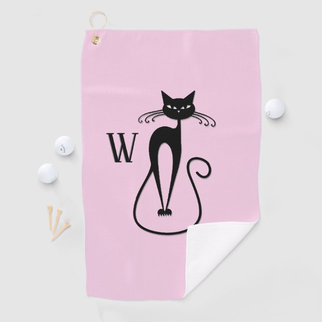 Serviette De Golf Whimsical Skinny Chat noir rose initial (En situation)