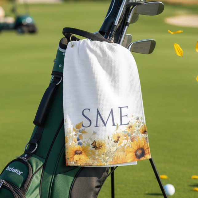 Serviette De Golf Whimsical Sunflower Meadow Monogram – (Floral sunflower monogram golf towel)