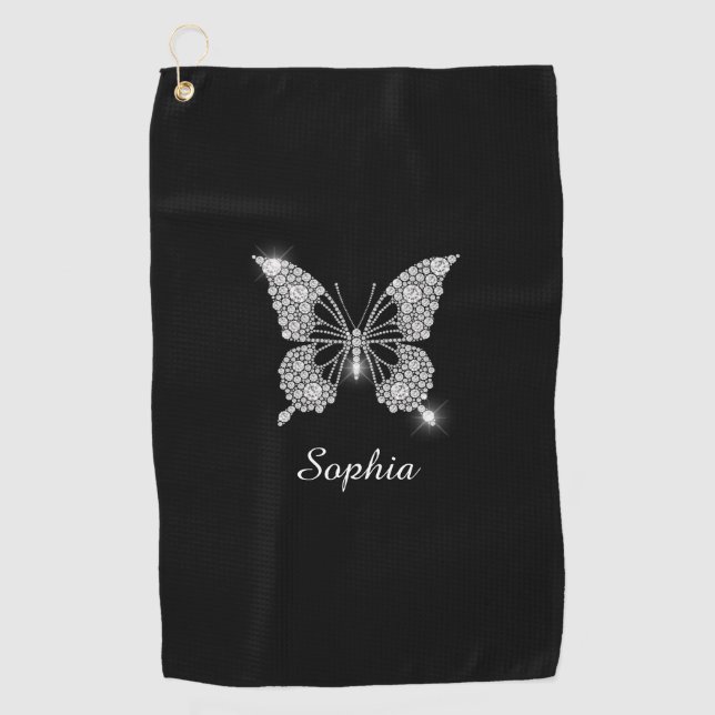 Serviette De Golf White Diamond Butterfly, DIY Script Nom, Black (Devant)