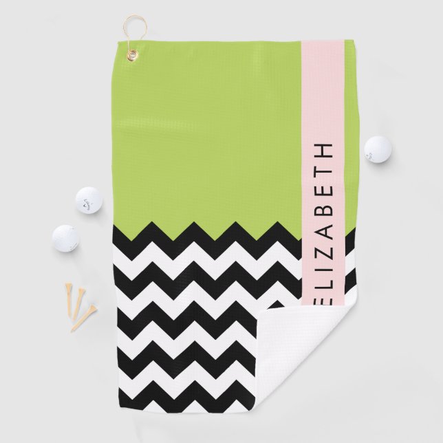 Serviette De Golf Zigzag noir et blanc, Chevron, Vert, Votre nom (En situation)