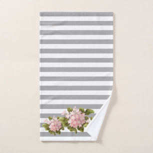 Serviette de main grise de rayure d'hortensia rose