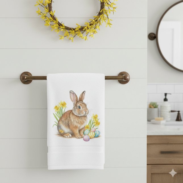 Serviette de Pâques Lapin (Decorate your bathroom with watercolor illustrated wild rabbit hand towel. Perfect for spring/Easter)