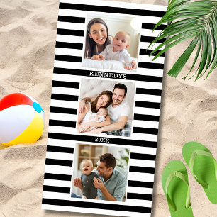 Serviette De Plage 3 Collage de photos Nom de famille Rayure noire et