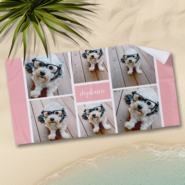 Serviette De Plage 6 Photo Collage Nom Minimaliste - Peut modifier la (Personalized beach towel with photos and text)