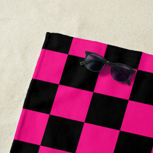 Serviette De Plage à damiers carré rose chaud noir rétro géométrique