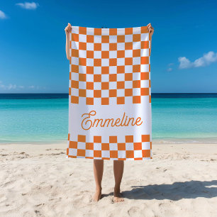 Serviette De Plage À damiers Nom personnalisé Orange Summer Pool